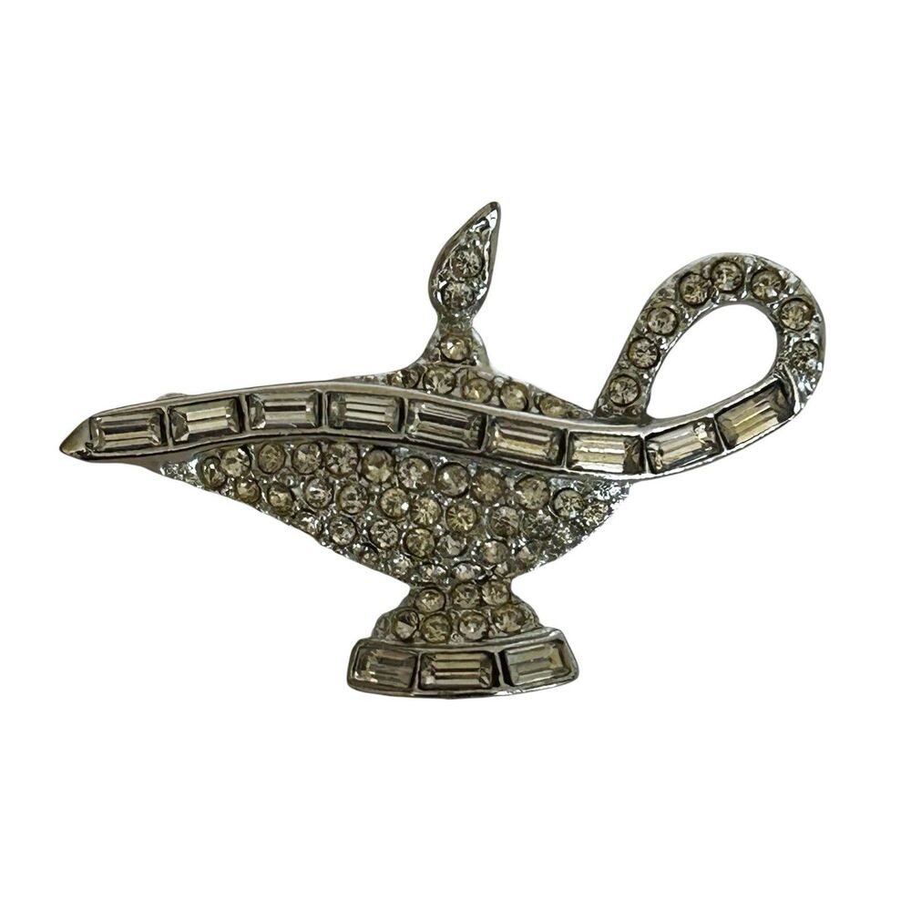 Vintage Weiss Genie Lamp Brooch Pin Rhinestone Silver Tone Aladdin Signed